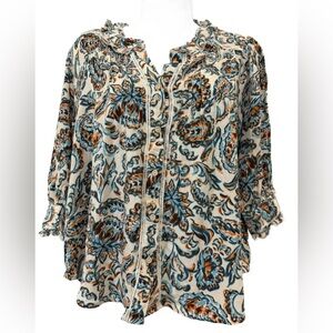 Democracy Elbow Sleeve Stand Collar Pintuck Button Front Printed Woven Shirt